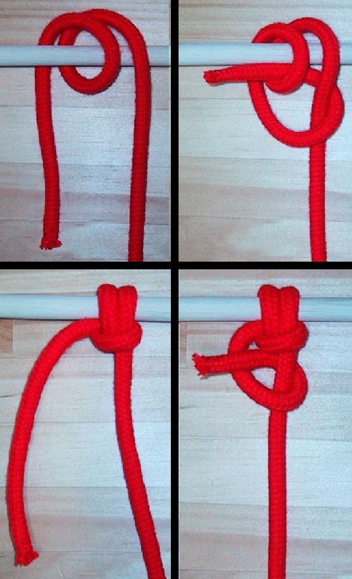 Four photos on a bar: two turns, end tucked under both turns, pulled snug, finishing half hitch added