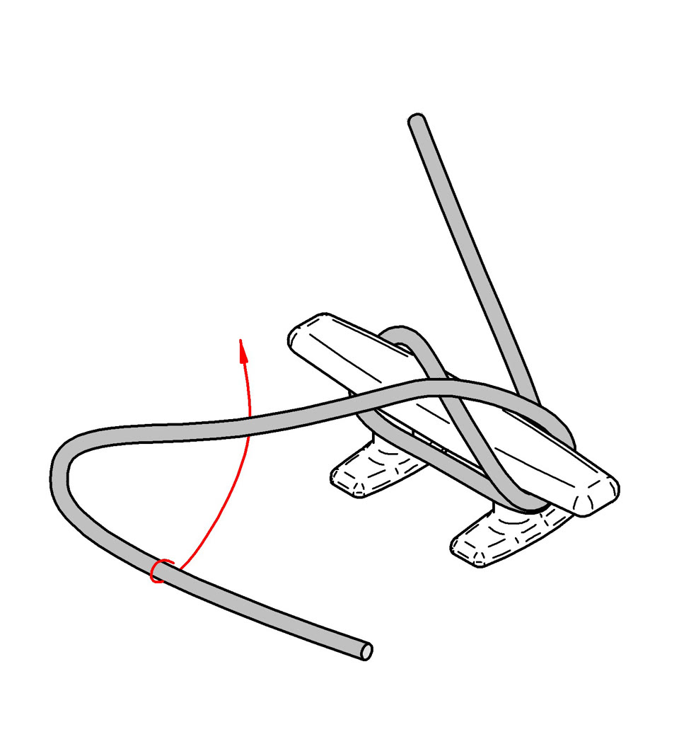 Drawing: after the turn and first crossing, the tail is twisted (red arrow) to form the locking hitch