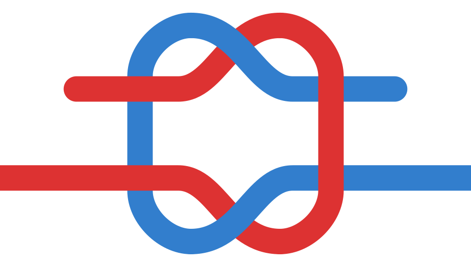 Diagram of a reef (square) knot, showing each end beside its own standing part