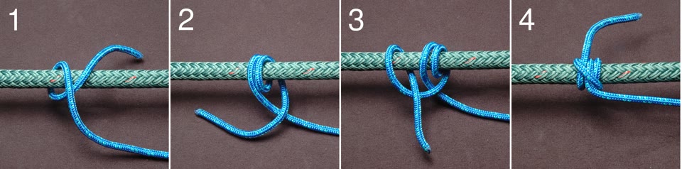 Four-panel photo sequence of tying a rolling hitch on a larger line: first turn, second turn, final hitch, finished